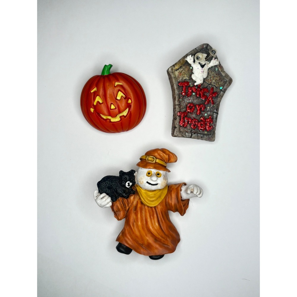 1980s Ceramic Kitsch Halloween Pin Set Jack-O-Lantern Ghost Tombstone Lot